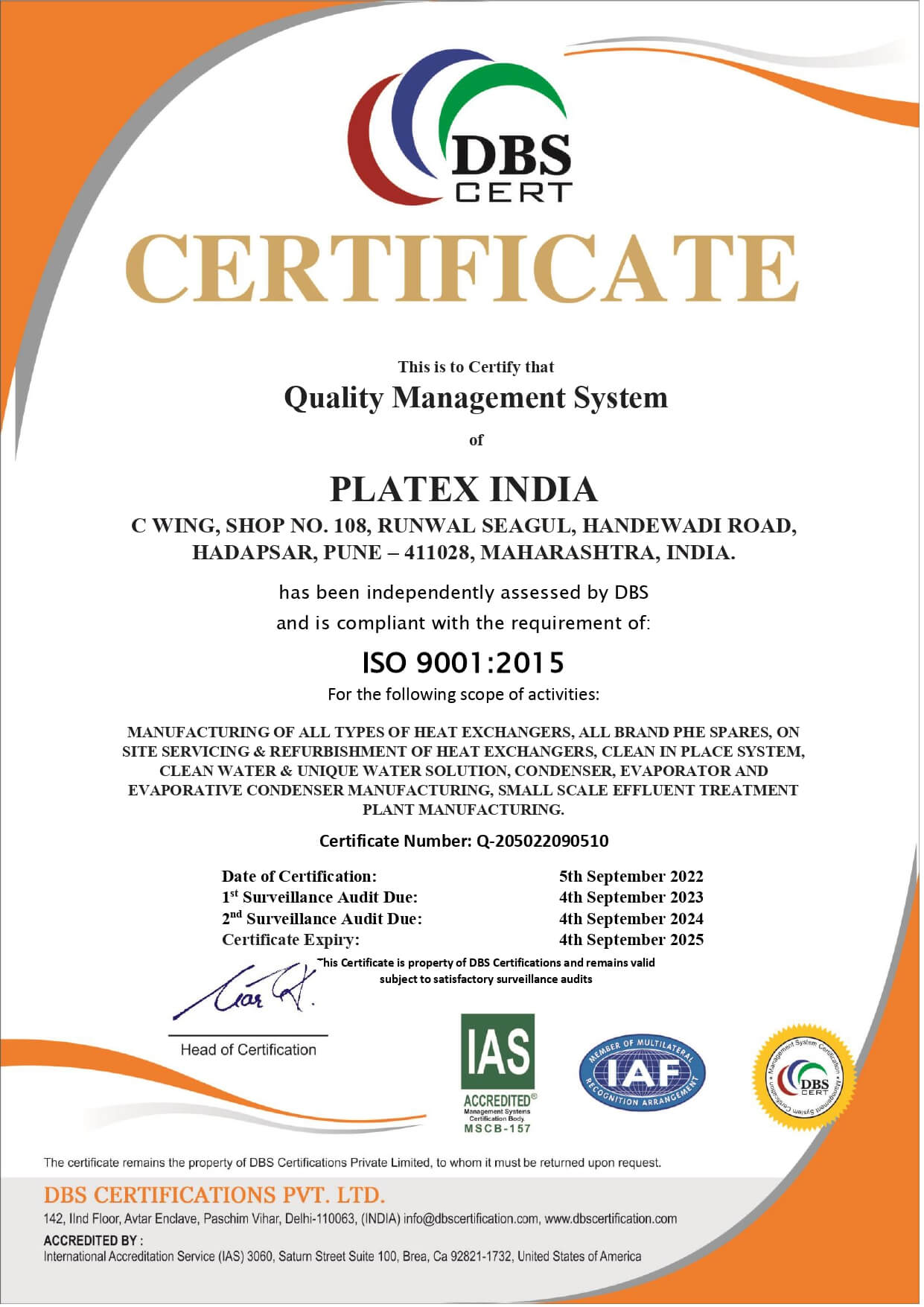 ISO 9001:2015 Certificate - Platex India